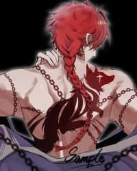 Rule 34 | 1boy, absurdres, back, back focus, back tattoo, bare shoulders, black background, blurry, braid, braided ponytail, chain, chinese commentary, clothes pull, facing away, from behind, hair over shoulder, hand on own neck, hand on own shoulder, highres, long hair, male focus, nape, off shoulder, red hair, sample watermark, shiguang dailiren, simple background, single braid, solo, tattoo, toned, toned male, upper body, watermark, xiao weiying, yinan385