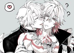 2boys ? ?? animal_ears antenna_hair armlet armor black_choker black_coat black_shirt braid choker closed_eyes coat commentary_request dog_boy dog_ears dog_tail earrings gradient_hair grey_background greyscale hair_between_eyes hand_on_another&#039;s_arm heart honkai:_star_rail honkai_(series) jewelry licking licking_another&#039;s_face male_focus medium_hair monochrome multicolored_hair multiple_boys mydei_(honkai:_star_rail) necklace open_clothes open_coat pauldrons phainon_(honkai:_star_rail) red_hair red_tattoo shirt short_hair shoulder_armor side_braid simple_background single_pauldron spoken_heart spot_color tail tail_wagging toriyoshi twitter_username yaoi