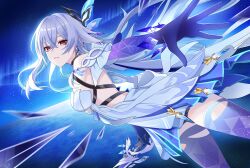 1girl absurdres aurora bare_shoulders breasts commentary crossed_bangs crystal_shards diamond-shaped_pupils diamond_(shape) dress dutch_angle floating floating_hair from_side genshin_impact hair_between_eyes hair_ornament highres holding holding_sword holding_weapon large_breasts long_hair looking_at_viewer night night_sky nomamato outstretched_arm parted_lips prosthesis prosthetic_arm prosthetic_leg red_eyes short_dress skirk_(genshin_impact) sky solo star_(sky) starry_sky strap sword symbol-shaped_pupils thighs very_long_hair weapon white_dress white_hair