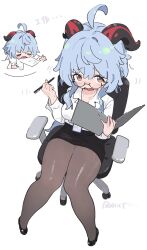 1girl ahoge alternate_costume bags_under_eyes black_pantyhose black_shoes black_skirt breasts brown_eyes chair chibi closed_eyes collarbone exhausted folder ganyu_(genshin_impact) genshin_impact glasses highres holding holding_folder holding_pen horns large_breasts long_hair looking_at_viewer office_chair office_lady on_chair open_mouth pantyhose pen pencil_skirt semi-rimless_eyewear shirt shoes sidelocks simple_background single_horn sitting skirt swivel_chair twitter_username white_background white_shirt zhishuixy