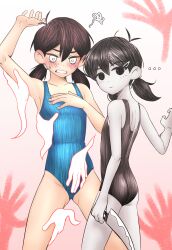 Rule 34 | 2girls, absurdres, black hair, blue one-piece swimsuit, blush, cabronpr, colored extremities, covering breasts, covering privates, disembodied hand, dual persona, genderswap, genderswap (mtf), groping, hand up, highres, knife, multiple girls, omori, omori (omori), one-piece swimsuit, red hands, school swimsuit, sunny (omori), swimsuit, teeth