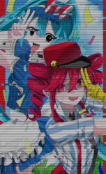 apron black_choker black_eyes black_necktie blue_dress blue_hair blue_hat blue_sky bow choker cloud collared_dress collared_shirt confetti digital_dissolve dress drill_hair gloves hair_between_eyes hand_up hat hat_bow hatsune_miku highres kasane_teto kepi long_hair looking_at_viewer mesmerizer_(vocaloid) military_hat necktie noo2g open_mouth pants pinstripe_dress pinstripe_hat pinstripe_pattern red_bow red_eyes red_hair red_hat red_pants sailor_collar sharp_teeth shirt short_sleeves sky smiley_hat_ornament striped_clothes striped_shirt suspenders sweat teeth tongue tongue_out twin_drills twintails two-tone_bow utau visor_cap vocaloid waist_apron white_apron white_bow white_sailor_collar worried yellow_gloves