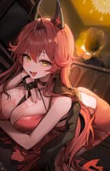 1girl :d absurdres black_gloves black_horns blance breasts cleavage dress fang fingerless_gloves fingernails gloves goddess_of_victory:_nikke hair_between_eyes highres horns indoors large_breasts long_hair looking_at_viewer open_mouth phonograph red_dress red_hair red_hood_(nikke) skin_fang smile solo yellow_eyes