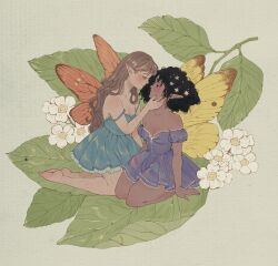 2girls bare_legs bare_shoulders barefoot black_hair blue_dress breasts brown_hair butterfly_wings buttons cleavage closed_mouth collarbone commentary couple dark-skinned_female dark_skin dress english_commentary expressionless eye_contact fairy feet fingernails flower frilled_dress frills full_body green_eyes grey_background hair_flower hair_ornament hand_on_another&#039;s_cheek hand_on_another&#039;s_face happy highres insect_wings interracial karlovycross kneeling lace lace-trimmed_dress lace_trim leaf lipstick long_hair looking_at_another makeup multiple_girls off-shoulder_dress off_shoulder orange_wings original pleated_dress pointy_ears puffy_short_sleeves puffy_sleeves purple_dress red_lips ribbon short_dress short_hair short_sleeves sidelocks sleeveless sleeveless_dress soles strap_slip thick_eyebrows toes very_long_hair white_flower white_ribbon wings yellow_wings yuri