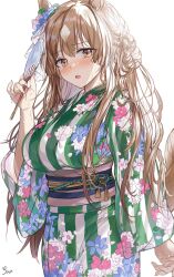 1girl :o alternate_costume animal_ears blush braid breasts brown_eyes brown_hair cloud ear_ornament floral_print hair_between_eyes hair_ornament half_updo hand_fan hand_up highres holding holding_fan horse_ears horse_girl horse_tail japanese_clothes kimono large_breasts long_hair long_sleeves looking_at_viewer obi open_mouth outside_border paper_fan print_kimono sash satono_diamond_(umamusume) saya_(mychristian2) signature simple_background solo standing striped_clothes striped_kimono sweat tail uchiwa umamusume vertical-striped_clothes vertical-striped_kimono very_long_hair white_background