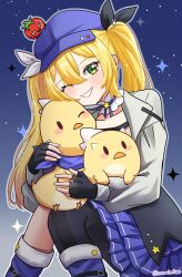 1girl amaimi black_gloves blonde_hair blue_hat blue_skirt dokibird_(vtuber) dokibird_(vtuber)_(retro_doki) dokibird_(vtuber)_(tomato) dragoon_(dokibird) fingerless_gloves gloves green_eyes grey_jacket hat hug indie_virtual_youtuber jacket kneehighs long_hair looking_at_viewer night one_eye_closed single_leg_pantyhose sitting skirt sky smile socks star_(sky) starry_sky twintails virtual_youtuber