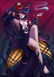 1girl artist_name bare_shoulders breasts caiman_pool center_opening cleavage commentary_request dress fate/grand_order fate_(series) flower full_body hair_flower hair_ornament highres holding holding_smoking_pipe katsushika_hokusai_(fate) katsushika_hokusai_(third_ascension)_(fate) knee_up looking_at_viewer medium_breasts parted_lips purple_dress purple_eyes purple_hair red_background short_hair smoke smoking_pipe solo teeth tentacles