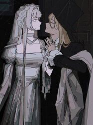Rule 34 | 2girls, absurdres, black coat, black headwear, blonde hair, chinese commentary, choker, closed eyes, closed mouth, coat, commentary request, cowboy shot, dikke, dress, expressionless, grey choker, grey eyes, grey hair, hand up, hat, highres, juliet sleeves, ligne claire, long hair, long sleeves, multiple girls, profile, puffy sleeves, reverse:1999, tennant (reverse:1999), top hat, white dress, white headdress, zhizhizi
