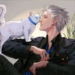 1boy absurdres animal_collar black_cat black_jacket black_shirt blue_eyes blue_necktie cat collar collared_shirt commentary devil_may_cry_(series) english_commentary henoopd highres indoors jacket jewelry long_sleeves male_focus multiple_rings necktie open_clothes open_jacket parted_lips plant profile ring shirt short_hair solo upper_body vergil_(devil_may_cry) white_cat white_hair