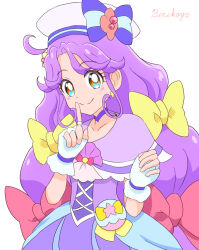 Rule 34 | 1girl, artist name, benikoya, blue eyes, bow, capelet, choker, commentary, cross-laced clothes, cross-laced dress, cure coral, dress, earrings, facial mark, fingerless gloves, gloves, hair bow, hat, heart, heart facial mark, highres, index finger raised, jewelry, long hair, magical girl, multicolored eyes, orange eyes, parted bangs, precure, purple hair, smile, solo, suzumura sango, tropical-rouge! precure, very long hair
