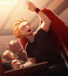 1boy :d arm_up black_pants black_shirt blonde_hair boku_no_hero_academia bracelet ceiling commentary_request dutch_angle earrings elbow_on_table facial_hair fingernails food forked_eyebrows goatee_stubble gold_bracelet hawks_(boku_no_hero_academia) hi-fi_(fijazzy) holding holding_food indoors jewelry light_particles looking_to_the_side male_focus mark_under_eye open_mouth pants people red_wings shirt short_hair sideburns_stubble slit_pupils smile sparse_stubble stubble stud_earrings table teeth upper_teeth_only wings wristband yakitori yellow_eyes