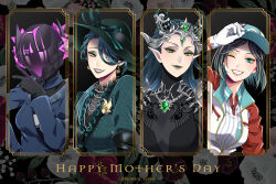 4girls aqua_dress aqua_hair aqua_hat aqua_ribbon armor artist_name baseball_cap bead_necklace beads black_dress black_gloves black_hair black_helmet black_shirt blue_dress blue_hair breast_pocket brown_hair closed_mouth collared_shirt commentary dragon_horns dress dylla_spade earrings english_commentary eyelashes eyeshadow floral_background frilled_shirt_collar frills gem georgina_leech gloves gold_earrings green_eyes green_eyeshadow green_gemstone green_hat green_lips grin hair_over_one_eye hair_over_shoulder hand_on_headwear hand_up happy_mother&#039;s_day hat hat_ribbon helmet highres horns jacket jewelry kumaru_ayaka long_hair long_sleeves looking_at_viewer makeup meleanor_draconia mother&#039;s_day mrs._shroud multicolored_hair multicolored_jacket multiple_girls necklace one_eye_closed one_eye_covered open_clothes open_jacket parted_bangs pauldrons pocket pointy_ears red_jacket ribbon sharp_teeth shell shell_earrings shirt short_hair shoulder_armor smile streaked_hair striped_clothes striped_shirt swept_bangs teeth tiara tilted_headwear twisted_wonderland twitter_username two-tone_jacket upper_body vertical-striped_clothes vertical-striped_shirt white_gloves white_hat white_jacket white_shirt yellow_eyes zipper_pull_tab