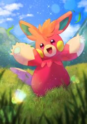 :d alternate_color cloud commentary_request day grass happy nintendo no_humans omega_takai open_mouth outdoors pawmot pokemon pokemon_(creature) shiny_pokemon sky smile solo sparkle