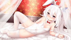 1girl absurdres alternate_hairstyle animal_ear_hairband animal_ears azur_lane bow bowtie breasts brown_eyes covered_navel curtains detached_collar fake_animal_ears hair_between_eyes hairband highleg highleg_leotard highres inori_(xyz5568) laffey_(azur_lane) leotard long_hair looking_at_viewer playboy_bunny rabbit_ears red_bow red_bowtie side_ponytail small_breasts solo strapless strapless_leotard thighhighs white_hair white_leotard white_thighhighs wrist_cuffs