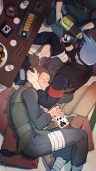 3boys absurdres armband bandaged_foot bandaged_leg bandages black_hair black_mask black_pants black_shirt blush bottle brown_hair chopsticks food from_above green_vest grey_hair hand_on_another&#039;s_head hatake_kakashi highres holding holding_bottle lap_pillow male_focus multiple_boys naruto_(classic) naruto_(series) pants ponytail red_armband sarutobi_asuma scar scar_on_face scar_on_nose shirt short_hair sitting sweatdrop t04_skyhigh table umino_iruka vest wide-eyed yaoi