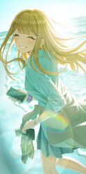 1girl ^_^ bare_legs blush cardigan cardigan_around_waist cellphone closed_eyes clothes_around_waist commentary_request facing_viewer feet_out_of_frame floating_hair gakuen_idolmaster grey_cardigan grin gyaru highres holding holding_phone holding_shoes holding_unworn_clothes idolmaster kogal long_hair mole mole_under_eye ntn00a orange_hair outdoors phone pleated_skirt school_uniform scrunchie shirt shiun_sumika shoes skirt smile solo sunlight unworn_shoes very_long_hair white_shirt wrist_scrunchie