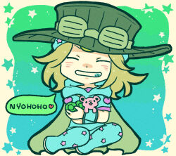 1boy absurdres bat-love blue_hoodie blue_pants cape chibi closed_eyes cowboy_hat english_text goggles goggles_on_headwear green_cape green_hat green_theme grin hat highres hood hoodie hugging_object johnny_joestar jojo_no_kimyou_na_bouken long_hair male_focus messy_hair on_floor pants sitting smile speech_bubble star_(symbol) star_print steel_ball_(jojo) steel_ball_run stuffed_animal stuffed_toy teddy_bear teeth wristband