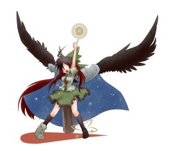 1girl arm_cannon atom black_shoes black_socks black_wings bow brown_hair cape chaotic_dragon collared_shirt colorized commentary_request control_rod_(touhou) feathered_wings frilled_shirt frilled_shirt_collar frilled_skirt frills full_body green_bow green_skirt hair_bow hanemikakko long_hair looking_at_viewer open_mouth pointing pointing_up print_cape puffy_short_sleeves puffy_sleeves red_eyes red_hair reiuji_utsuho shirt shoes short_sleeves simple_background single_shoe skirt smile socks solo standing starry_sky_print third_eye touhou two-sided_cape two-sided_fabric very_long_hair weapon white_background white_cape white_shirt wings
