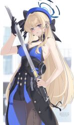 Rule 34 | 1girl, akanora, arm strap, armband, bare shoulders, beret, black armband, black gloves, blonde hair, blue archive, blue dress, blue eyes, blue halo, blue hat, cosplay, dress, gloves, half gloves, halo, hat, highres, holding, holding sword, holding weapon, ishikawa yui, long hair, looking at viewer, pangu terminal (wuthering waves), single glove, single half glove, sleeveless, sleeveless dress, solo, sword, toki (blue archive), voice actor connection, weapon, wuthering waves, yangyang (wuthering waves), yangyang (wuthering waves) (cosplay)