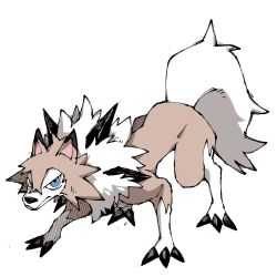 animal_ears animal_focus animal_nose blue_eyes brown_fur closed_mouth commentary full_body gen_7_pokemon highres looking_at_viewer lycanroc lycanroc_(midday) nintendo no_humans pokemon pokemon_(creature) pokemon_focus pr_quote simple_background solo tail white_background white_fur white_tail wolf