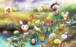 apple berry_(pokemon) cheri_berry ducklett duosion eating emolga faux_traditional_media flower flower_request food fruit gen_5_pokemon lampent litwick minccino nintendo open_mouth oshawott outdoors plant pokemon pokemon_(creature) purple_flower rawst_berry sitting snivy solosis vines yuurakusei zorua