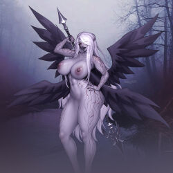 1girl abs absurdres angel angel_girl angel_wings arm_tattoo ass blur_censor body_markings breasts censored colored_skin completely_nude corruption curvy dark_valkyrie_(monster_girl_encyclopedia) dated day extra_wings fallen_angel fangs fog forest hand_on_own_hip highres hip_tattoo kolga_art large_breasts leg_tattoo long_hair looking_at_viewer monster_girl monster_girl_encyclopedia monster_girl_encyclopedia_ii muscular muscular_arms muscular_female muscular_legs nature nude open_mouth outdoors overcast pale_skin pink_eyes pointy_ears polearm purple_skin sagging_breasts sky spear tattoo tattoo_on_neck tattoo_on_shoulder teeth thick_thighs thighs tree valkyrie warrior water water_drop weapon wet white_hair wide_hips wings