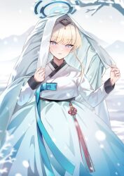 1girl bare_tree blonde_hair blue_archive blue_halo blush bridal_veil chima_(clothes) dress halo hanbok highres jeogori_(clothes) korean_clothes looking_at_viewer outdoors parted_lips picter snow solo standing toki_(blue_archive) tree veil wedding_dress white_hanbok