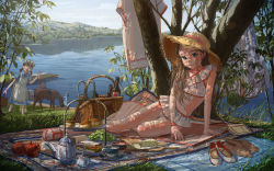 3girls animal apple apron arm_support basket bikini bikini_skirt book bottle cheese cup dappled_sunlight dock dress eikoh closed_eyes female_focus food fruit grapes grass hat highres horse knife lake leaning_to_the_side long_hair looking_at_viewer maid maid_apron maid_headdress multiple_girls nature original outdoors picnic picnic_basket sandals sandwich shoes unworn_shoes sitting smile straw_hat sunlight swimsuit teacup teapot tree twintails v water