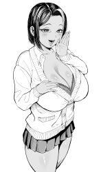 1girl blush bra bra_peek breasts cardigan cleavage collared_shirt dark-skinned_female dark_skin earrings greyscale gyaru highres huge_breasts jewelry kogal looking_at_viewer miniskirt monochrome nagisamade open_mouth original partially_unbuttoned pleated_skirt school_uniform shirt short_hair simple_background skirt smile solo underwear white_background