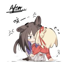 2girls absurdres anger_vein animal_ears arm_support biting biting_another&#039;s_hand black_hair black_socks blonde_hair bob_cut cat_ears cat_girl cat_tail chibi chinese_commentary chinese_text commentary_request dkl_(dinosaurkl2) dress grey_dress hair_ribbon highres inoue_takina kemonomimi_mode long_hair long_sleeves lycoris_recoil lycoris_uniform multiple_girls nishikigi_chisato one_side_up pleated_dress red_dress red_ribbon ribbon short_hair sidelocks simple_background socks tail translation_request white_background yuri