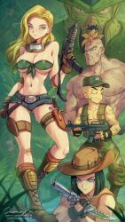 1girl 4boys abs android_16 android_17 android_18 angry bald bald_male biceps bikini black_eyes black_hair blonde_hair blue_eyes breasts brother_and_sister camouflage camouflage_bikini camouflage_jacket camouflage_pants camouflage_shorts cell_(dragon_ball) couple dragon_ball gun husband_and_wife jacket jammeryx jungle kuririn multiple_boys muscular muscular_male nature nervous_sweating nipples orange_hair pants pectorals predator_(series) serious shorts siblings sweat swimsuit thick_thighs thighs weapon