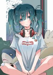 1girl :/ aqua_eyes aqua_hair artist_name badge bandaged_knees black_collar breasts button_badge collar collarbone commentary_request doodle_inset dot_nose flower hair_ornament hatsune_miku headphones headphones_around_neck highres ikea_shark indian_style itoh_yamori leg_belt leg_tattoo long_hair looking_at_viewer medium_breasts naked_shirt shirt sitting solo stuffed_animal stuffed_shark stuffed_toy t-shirt tattoo triangle_necklace twintails vocaloid white_flower x_hair_ornament