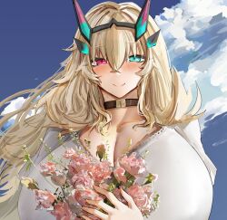 1girl absurdres barghest_(dream_portrait)_(fate) barghest_(fate) blonde_hair blush breasts choker cleavage dress fate/grand_order fate_(series) green_eyes heterochromia highres horns huge_breasts long_hair looking_at_viewer obazzotto red_eyes smile solo white_dress