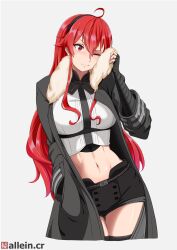1girl aged_up ahoge alleincr artist_name bandaged_arm bandaged_hand bandages black_hairband black_jacket black_shorts breasts closed_mouth commentary cowboy_shot crop_top crossed_bangs english_commentary eris_greyrat fur-trimmed_jacket fur_trim groin hair_between_eyes hair_flaps hairband hand_in_pocket hand_wraps highres jacket large_breasts leg_warmers long_hair long_sleeves midriff mushoku_tensei navel one_eye_closed open_clothes open_jacket red_eyes red_hair shirt short_shorts shorts sidelocks simple_background skindentation solo standing thick_eyebrows very_long_hair white_background white_shirt wrist_wrap