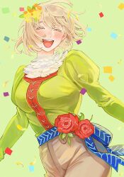 Rule 34 | 1girl, blonde hair, blush, closed eyes, dungeon meshi, falin touden, flower, highres, long sleeves, open mouth, pants, sasakura34, short hair, simple background, smile, sweater
