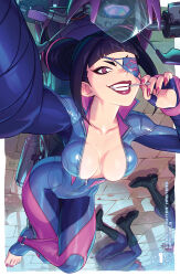 Rule 34 | 1girl, artist name, biker clothes, bikesuit, black hair, blue bodysuit, bodysuit, breasts, candy, cleavage, clenched teeth, collarbone, commentary, copyright name, english commentary, eyepatch, fingerless gloves, fingernails, food, foreshortening, full body, gloves, grin, hair horns, han juri, highres, holding, holding candy, holding food, holding lollipop, kajin (kajinman), lollipop, looking at viewer, lying, medium breasts, motor vehicle, motorcycle, nail polish, official alternate costume, on back, one eye covered, pale skin, partially unzipped, pink eyes, pink nails, red lips, selfie, skin tight, smile, street fighter, street fighter 6, street fighter v, teeth, toeless legwear, toenail polish, toenails, toes, udon entertainment, unconscious, upside-down, v-shaped eyebrows, wide hips, zipper