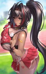 1girl ahoge ass badge bandaid bandaid_on_arm bandaid_on_hip bare_shoulders bay_(nikke) black_hair blurry blurry_background blush breasts button_badge cheerleader clothes_writing collar crop_top dark-skinned_female dark_skin from_side goddess_of_victory:_nikke grey_eyes hair_between_eyes hair_intakes hairband heart heart_tattoo highleg highleg_panties highres large_breasts leg_tattoo lock long_hair looking_at_viewer mole mole_on_breast mole_under_eye multicolored_hair outdoors padlock padlocked_collar panties pom_pom_(cheerleading) ponytail red_hair side-tie_panties skindentation smile solo spiked_collar spikes star_(symbol) star_in_eye star_sticker sticker_on_face streaked_hair symbol_in_eye tattoo thighs tongue tongue_out toriseru_(rare_stone) two-tone_skirt two-tone_tank_top underwear v very_long_hair white_panties wristband