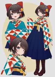1girl absurdres blue_capelet blue_eyes blue_hakama blue_skirt boots bow brown_boots brown_hair capelet closed_mouth flower full_body hair_bow hair_flower hair_ornament hakama hakama_skirt high-waist_skirt highres hololive japanese_clothes kanzashi kimono knee_boots lace-trimmed_capelet lace-up_boots lace_trim multiple_views official_alternate_costume official_alternate_hairstyle oozora_subaru oozora_subaru_(new_year) open_mouth pleated_skirt print_kimono red_bow short_hair skirt sl10_d swept_bangs upper_body uroko_(pattern) virtual_youtuber