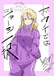 1girl absurdres alternate_costume alternate_hairstyle blonde_hair chibi chibi_inset digimon digimon_card_game digimon_liberator green_eyes hands_in_pockets highres jacket kinosaki_arisa long_hair multicolored_hair pants purple_background purple_hair purple_jacket purple_pants simple_background solo streaked_hair track_jacket track_suit two-tone_hair usagibochi violet_inboots white_background