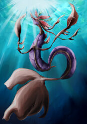 absurdres black_eyes colored_sclera colored_skin dragalge fish gen_6_pokemon highres karura_(to-the-4483) leafy_seadragon nintendo no_humans pokemon pokemon_(creature) pokemon_focus purple_skin red_sclera seahorse snout underwater