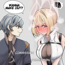1boy 1girl @_@ blonde_hair blush chest_harness commission english_text evelyn_chevalier grey_hair hair_up harness highres meme scathachsieg speech_bubble steam wanna_make_out?_(meme) wise_(zenless_zone_zero) zenless_zone_zero