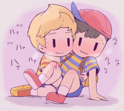 backpack bag bare_legs black_hair blonde_hair blue_shorts blush cap couple elementary_schoolboy holding_detached_head holding_leg humming leg_up legs lifting_leg looking_at_another lucas_(mother_3) male_focus mother_(series) mother_2 mother_3 naughty_face ness_(mother_2) nintendo orange_sneakers red_cap seductive_smile shirt shoes shorts shota sitting smile sneakers socks striped_clothes striped_shirt super_smash_bros. sweat sweatdrop white_socks yaoi yellow_shirt