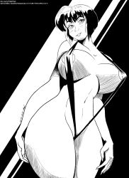 1girl 2019 alternate_breast_size breasts breasts_apart cleft_of_venus covered_erect_nipples cowboy_shot greyscale grin highres large_breasts legs_together looking_at_viewer looking_down monochrome navel pussy pussy_peek ranma_1/2 short_hair signature simple_background slingshot_swimsuit smile standing swimsuit tendou_nabiki tiquitoc watermark web_address