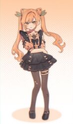 Rule 34 | 1girl, alternate costume, alternate hairstyle, bare shoulders, black bow, black bowtie, black pantyhose, black shoes, black skirt, blonde hair, blush, bow, bow print, bowtie, chi kan100, clothing cutout, colored shadow, cone hair bun, covered collarbone, cross-laced clothes, cross-laced skirt, curly ends, double bun, drop shadow, frilled skirt, frilled sleeves, frilled thigh strap, frills, full body, gradient background, green ribbon, hair between eyes, hair bun, hair intakes, hair ribbon, halftone, halftone background, highres, inda karane, jirai kei, kimi no koto ga dai dai dai dai daisuki na 100-nin no kanojo, layered skirt, long hair, looking at viewer, mary janes, orange background, orange shirt, pantyhose, parted bangs, peter pan collar, puffy short sleeves, puffy sleeves, ribbon, shadow, shirt, shoes, short sleeves, shoulder cutout, skirt, sleeve bow, solo, standing, suspender skirt, suspenders, thigh strap, twintails, v-shaped eyebrows, very long hair, white background, yellow eyes