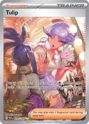 2girls artist_name black_hair card_(medium) character_name company_name copyright_name copyright_notice dendra_(pokemon) dress earrings egawa_akira english_text eyelashes from_behind holding holding_brush holding_makeup_brush indoors jewelry lipstick long_hair long_sleeves makeup makeup_brush makeup_palette multiple_girls nintendo official_art open_mouth plant poke_ball_theme pokemon pokemon_card pokemon_sv pokemon_tcg purple_hair purple_lips short_hair short_sleeves third-party_source trading_card tulip_(pokemon) white_eyeshadow