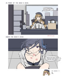 2girls ^_^ aaaboutle absurdres artist_name black_bra black_hat blonde_hair blue_hair bra breasts cleavage clorinde_(genshin_impact) closed_eyes commentary contemporary earrings english_text genshin_impact hat heart heart-shaped_pupils highres jewelry lipstick_mark lipstick_mark_on_breast lipstick_mark_on_neck long_hair looking_at_viewer multicolored_hair multiple_girls navia_(genshin_impact) office office_lady open_clothes open_mouth open_shirt purple_eyes purple_hair shirt smile speech_bubble spread_legs streaked_hair symbol-only_commentary symbol-shaped_pupils under_table underwear white_shirt yuri