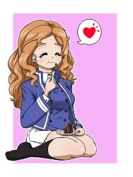 1girl bc_freedom_military_uniform black_socks blue_jacket brown_hair cake closed_eyes closed_mouth curly_hair food food_in_mouth fork girls_und_panzer girls_und_panzer_saishuushou heart holding holding_fork holding_plate isabe_(girls_und_panzer) jacket long_hair miniskirt orange_hair pink_background plate pleated_skirt shirt shoes sitting sitting_on_lap sitting_on_person skirt smile socks speech_bubble takahashi_kurage unworn_shoes white_shirt white_skirt