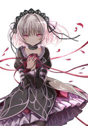 1girl amatsutsumi backlighting black_choker black_dress black_hairband chinese_commentary choker closed_mouth collarbone commentary company_connection cowboy_shot dress dress_flower english_commentary falling_petals floating_hair flower frilled_choker frilled_dress frills gensou_roukaku gothic_lolita grey_hair hairband hands_up hapymaher juliet_sleeves lolita_fashion long_ribbon long_sleeves looking_at_viewer medium_hair mixed-language_commentary naitou_maia own_hands_together petals puffy_sleeves purple_software red_eyes red_flower red_ribbon red_rose ribbon rose rose_petals scene_reference simple_background slit_pupils smile solo split_mouth tsurime white_background wide_sleeves