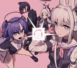 Rule 34 | 4girls, absurdres, ahoge, animal ears, black coat, black hair, blast-7, blue archive, blue eyes, blue hair, blue halo, blush, coat, coat on shoulders, demon girl, demon horns, doodle sensei (blue archive), halo, highres, hina (blue archive), horns, kazusa (blue archive), long hair, looking at viewer, miyako (blue archive), multiple girls, necktie, open mouth, purple eyes, rabbit ears, red halo, school uniform, sensei (blue archive), simple background, standing, twintails, white hair, yuuka (blue archive)
