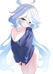 1girl absurdres ahoge blue_eyes blue_shirt blue_streaks bottomless clothes_pull drop-shaped_pupils furina_(genshin_impact) genshin_impact highres huge_ahoge long_hair looking_at_viewer mismatched_pupils multicolored_hair naked_shirt oversized_clothes oversized_shirt parted_lips pulling_own_clothes ryu160303 shirt shirt_pull single_bare_shoulder solo streaked_hair symbol-shaped_pupils thighs very_long_hair white_background white_hair